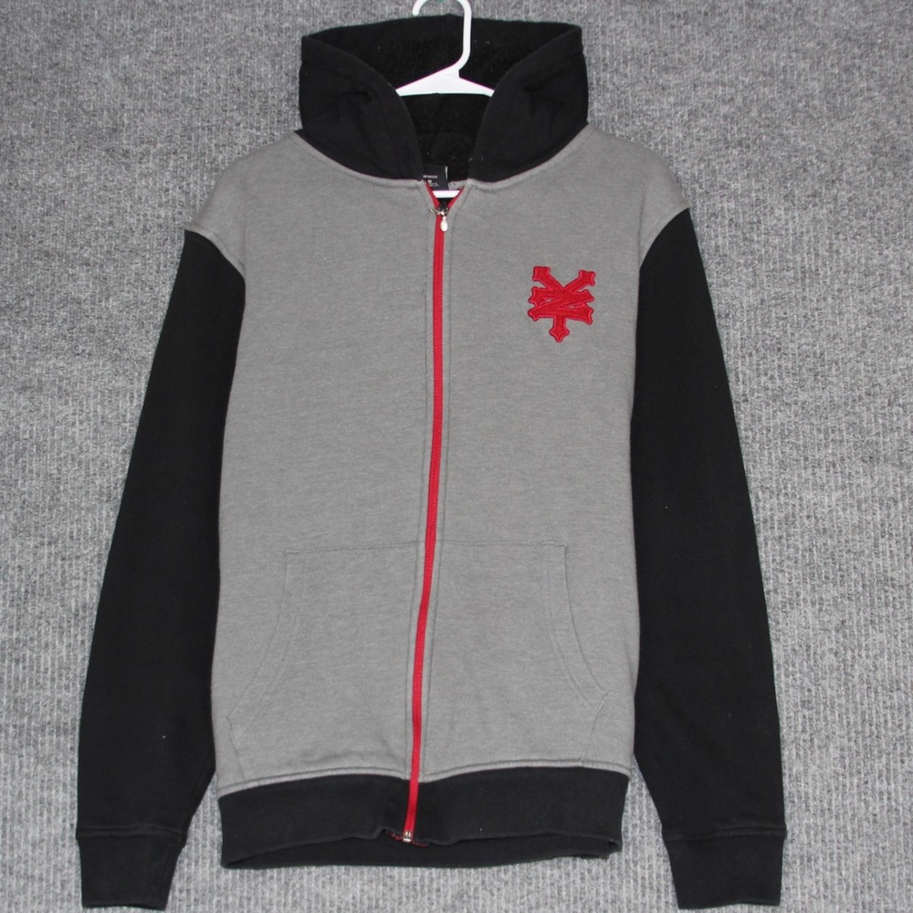 Zoo York Mens Zip Up Hoodie Gray Black Red Logo Size L Sherpa Lined Y2K Skater